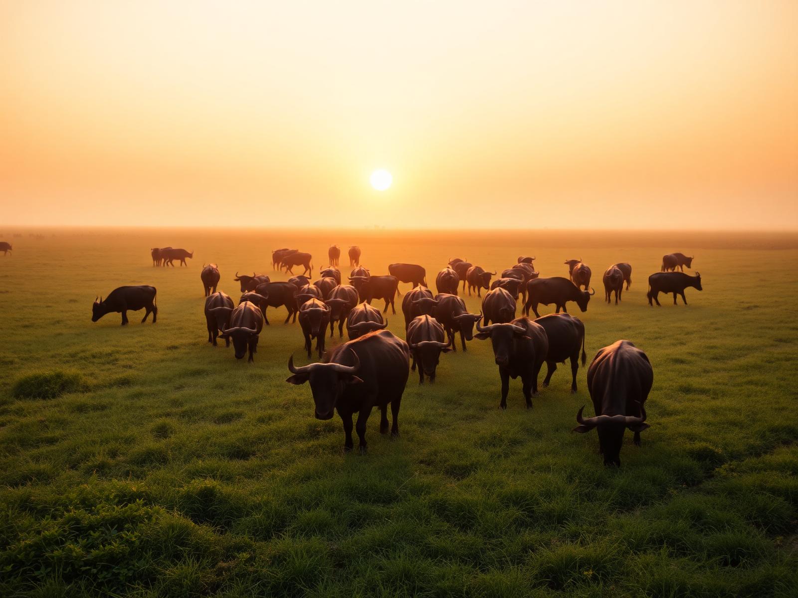 Manada de búfalos en pastoreo libre al atardecer